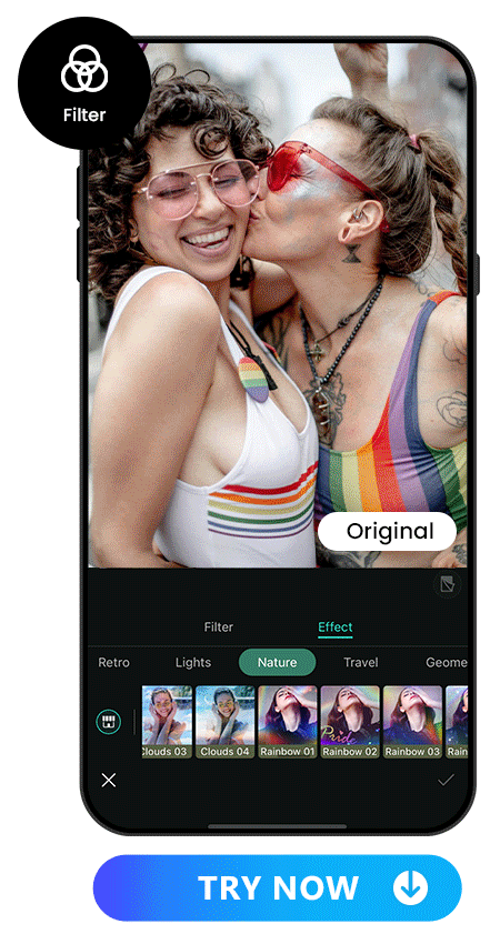 add 6 rainbow filters to a photo of a woman kissing another woman to celebrate pride month
